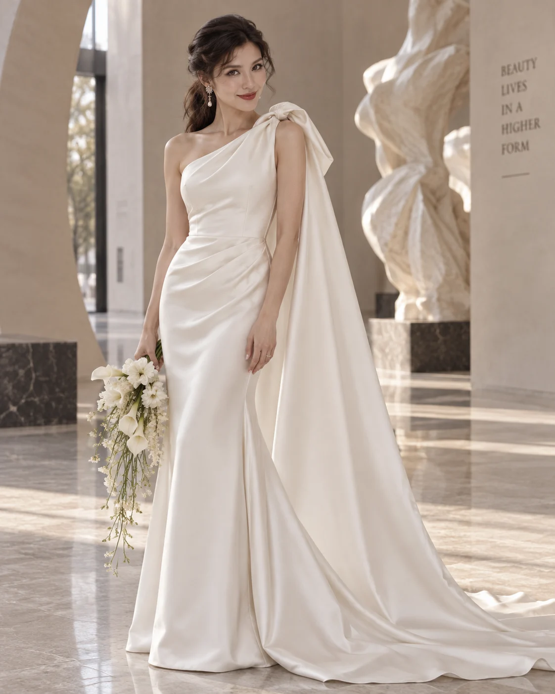 Emma Astor in an elegant bridal gown and veil